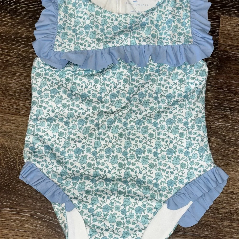 Boutique Baby Girls Blue Floral Ruffle One-Piece Swimsuit